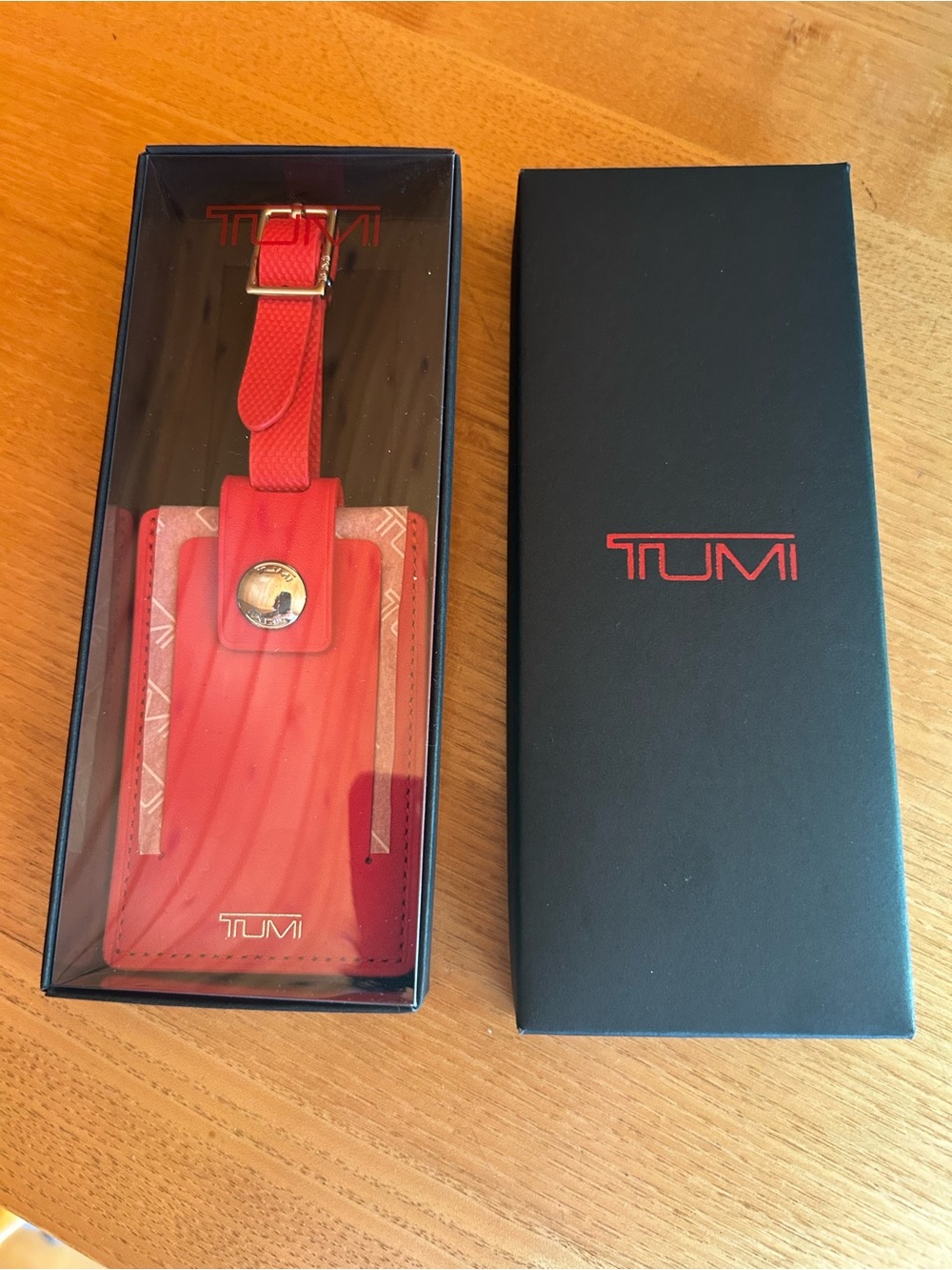 Tumi Red Leather Luggage Tag with Strap and Box